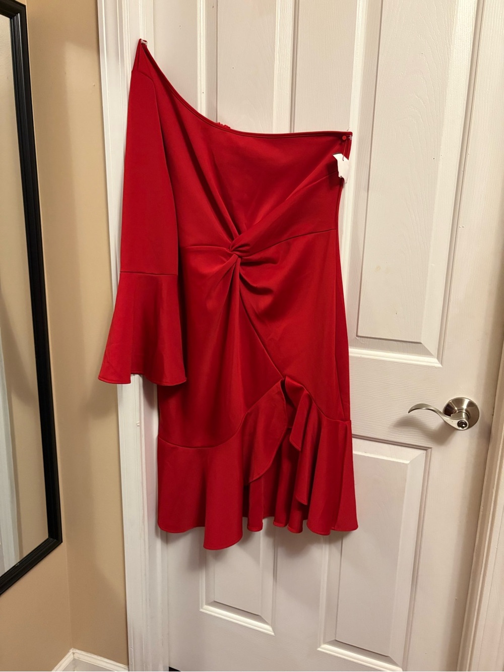 Red One-Shoulder Knot-Front Ruffle Dress
